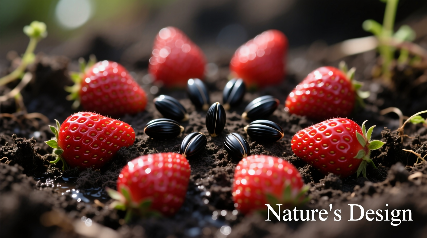 Close-up of strawberry seeds on soil surface with proper spacing