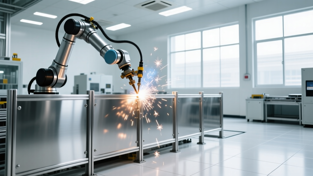 Robotic welding arm assembling 304 stainless steel calf pen panels inside a brightly lit lean manufacturing cell