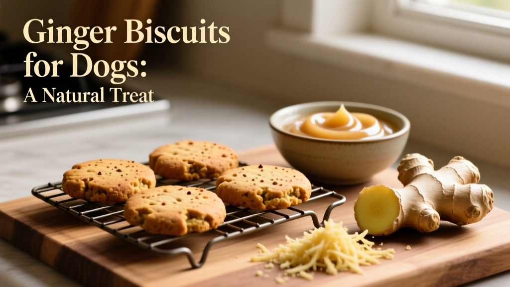 Golden-brown ginger dog biscuits arranged on a cooling rack beside fresh ginger and applesauce