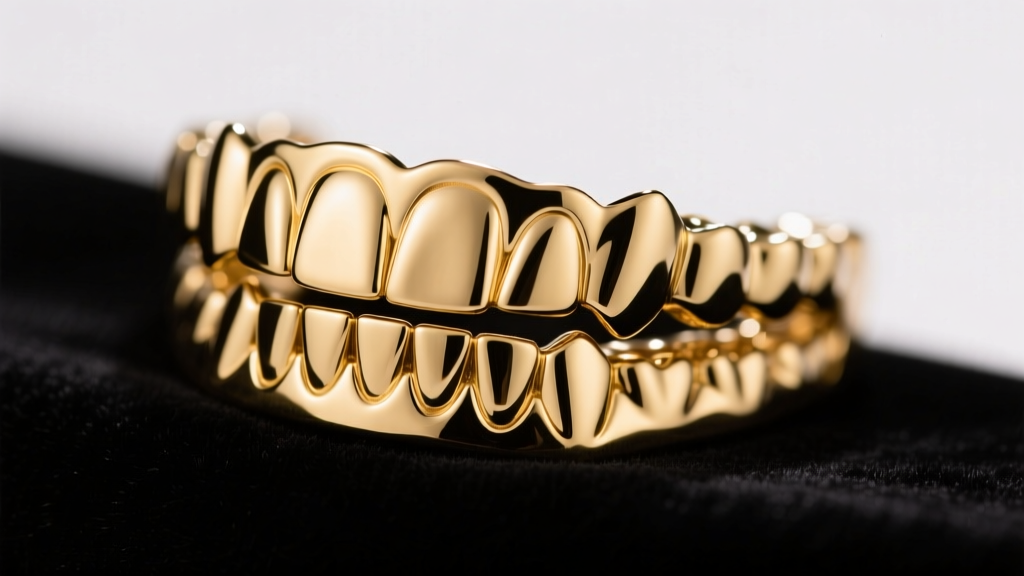 Close-up of a gleaming 14k yellow gold six-tooth front grill resting on black velvet under bright studio lighting