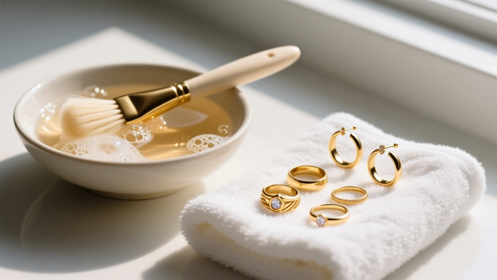 Bowl of warm soapy water and soft brush next to freshly removed 14k gold rings and hoop earrings resting on a clean white towel