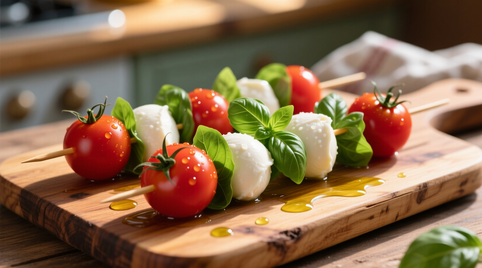 Colorful mozzarella tomato basil skewers on wooden board