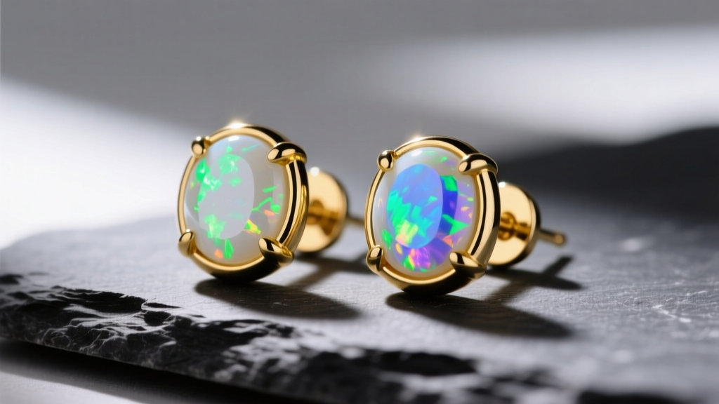 Close-up of 14k yellow gold bezel-set white opal stud earrings on dark slate, showing vibrant green and blue play-of-color.