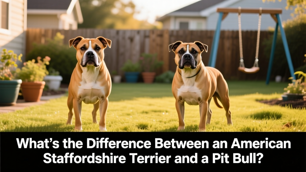 Side-by-side comparison of an American Staffordshire Terrier and an American Pit Bull Terrier standing calmly on grass