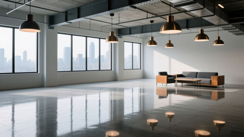 Polished concrete floor with a high-gloss finish reflecting modern industrial pendant lights in a renovated commercial loft space