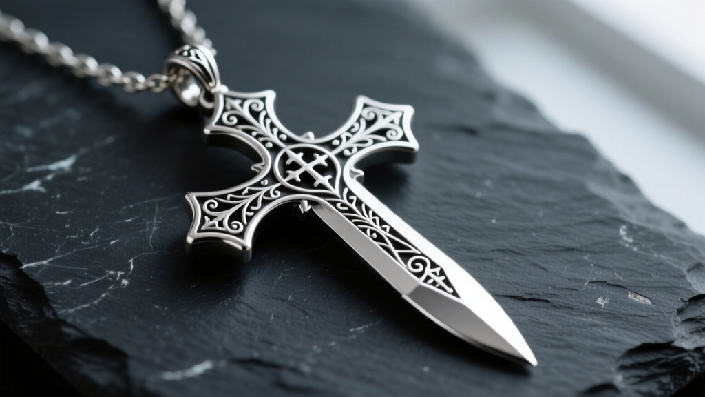 Sterling silver cross knife necklace pendant on dark slate, showing intricate gothic blade engravings and sharp metal edges.