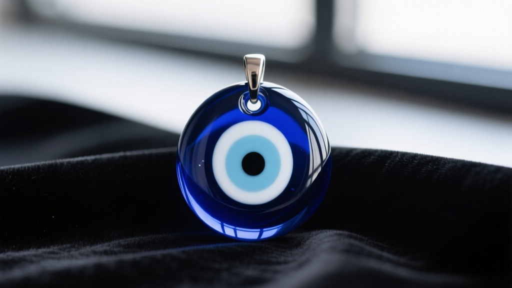 Macro shot of a cobalt blue glass Nazar evil eye pendant with concentric white and light blue circles on dark velvet cloth
