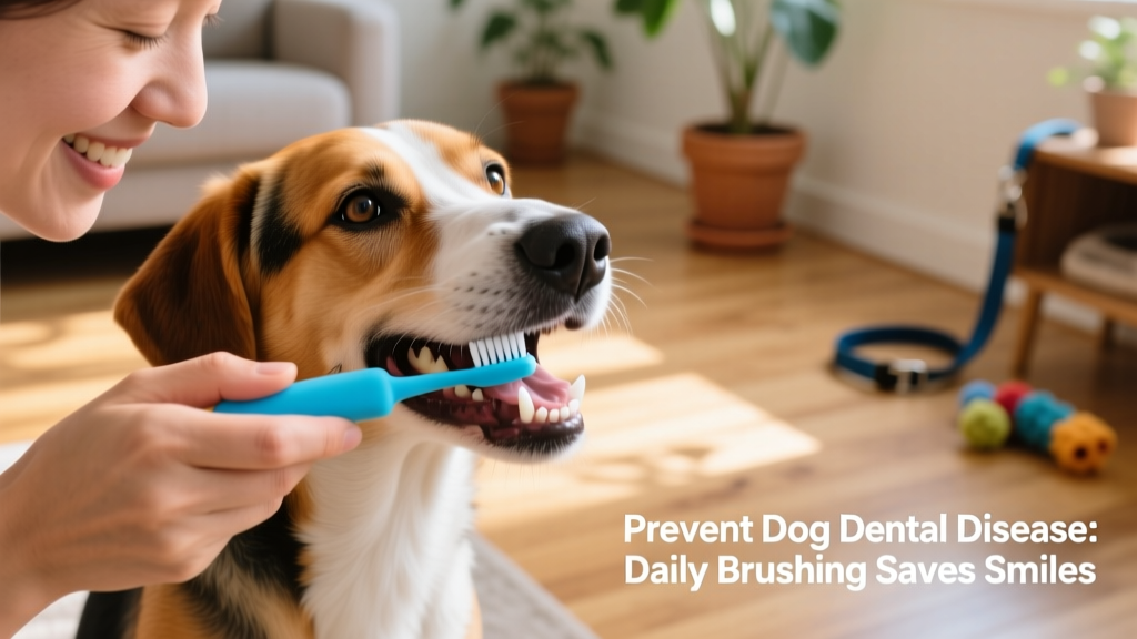 Dog owner gently brushing their dog's teeth with a soft pet toothbrush and toothpaste