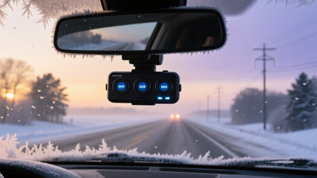 A sleek black 3-channel dash cam mounted on a frosty car windshield, capturing a snowy Midwest highway at dusk with glowing LED indicators.