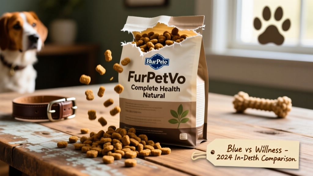 Close-up of FurPetVo Complete Health Natural packaging with kibble spilling from the bag onto a wooden surface