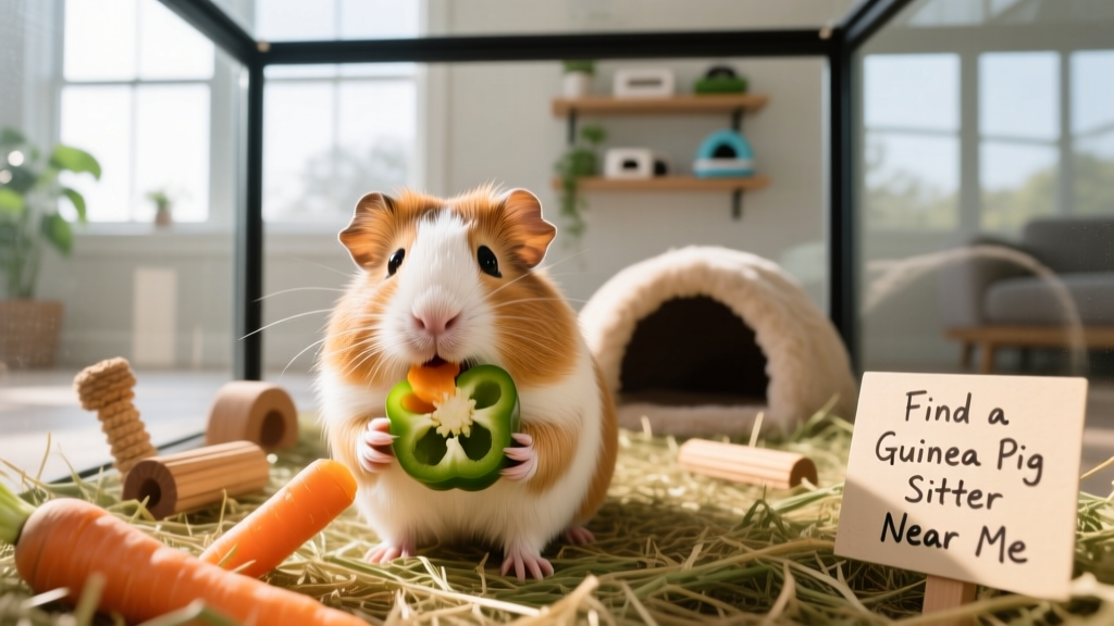 A guinea pig happily eating fresh vegetables in a clean, spacious enclosure