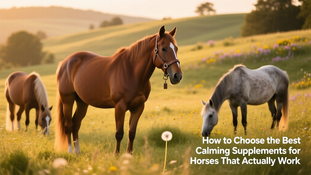 A calm horse standing quietly in a pasture with other horses nearby