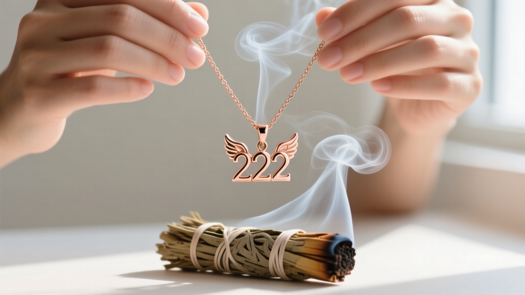 Hands holding a 222 angel number rose gold necklace over smoldering sage, soft smoke wrapping around the delicate charm.