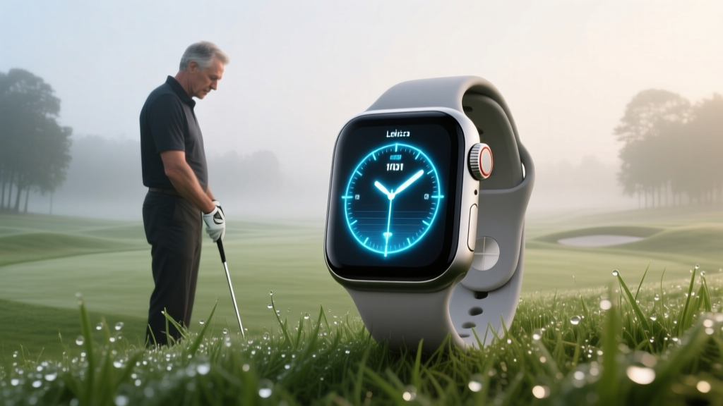 Golfer on a misty morning fairway checking a high-tech wrist sensor and holographic-style yardage display on a smartwatch.