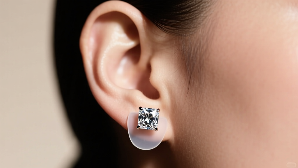 Side profile of an earlobe wearing a heavy box diamond stud supported by a clear silicone patch to prevent forward droop