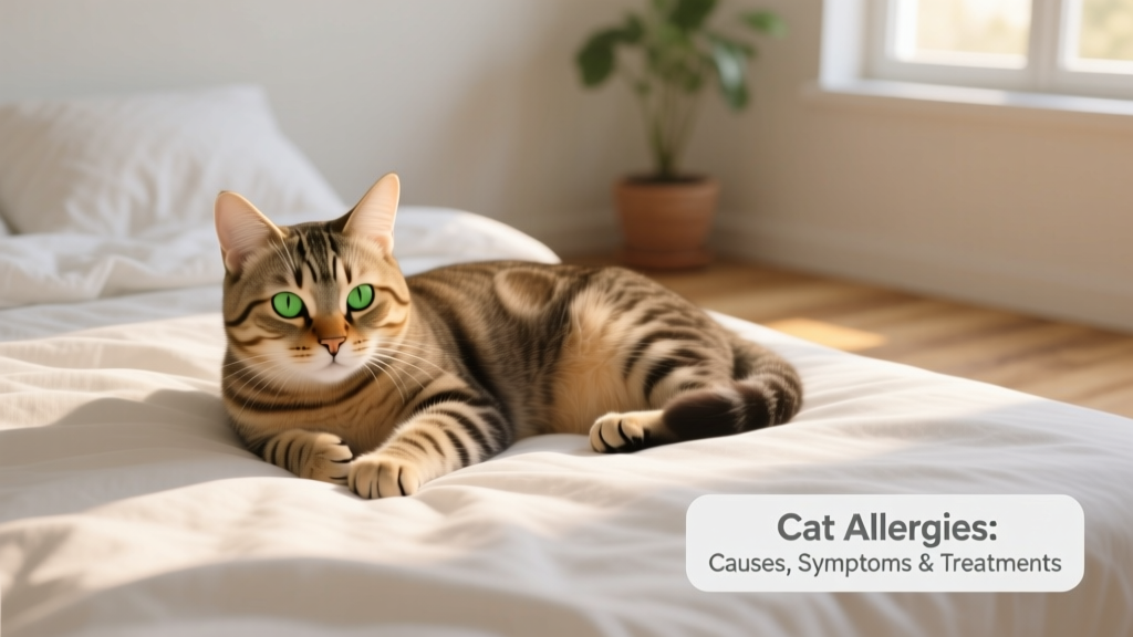 Green-eyed tabby cat resting peacefully on a clean, sunlit bed