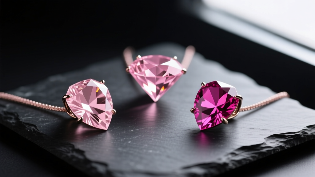 Three pink diamond pendants in varying color intensities from faint to vivid arranged on a dark slate surface for visual contrast.