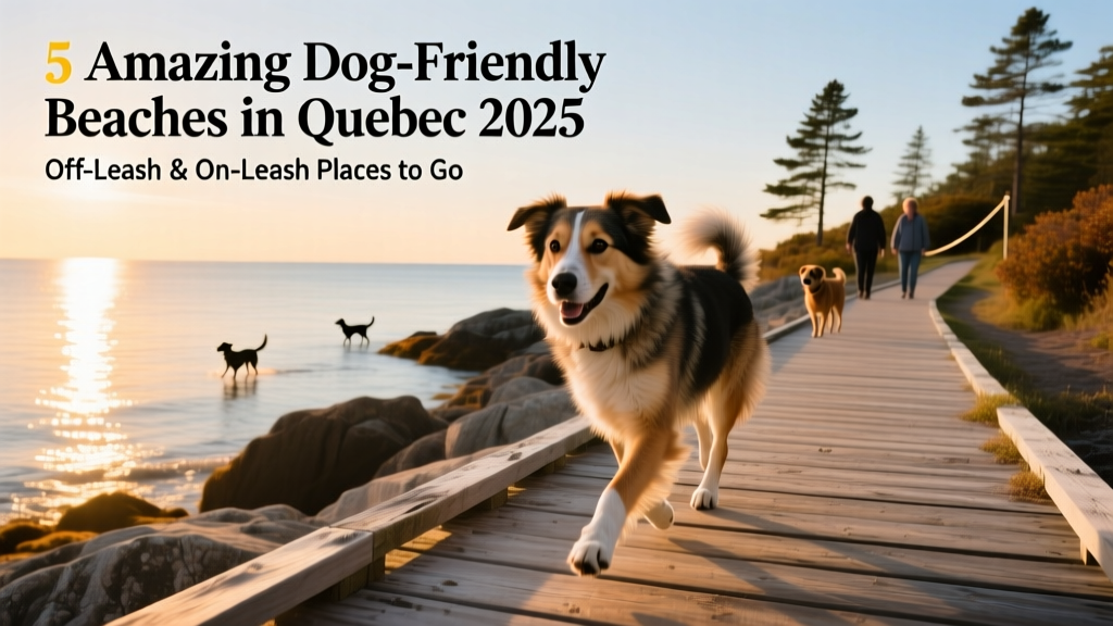 A mixed-breed dog trotting along a wooden boardwalk overlooking a rocky coastline and calm ocean waters