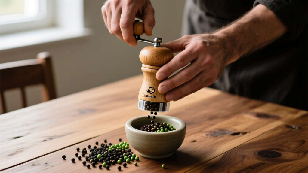 Close-up of hands grinding fresh peppercorns using a sustainable FSC-certified beechwood Zassenhaus spice mill over a rustic oak dining table