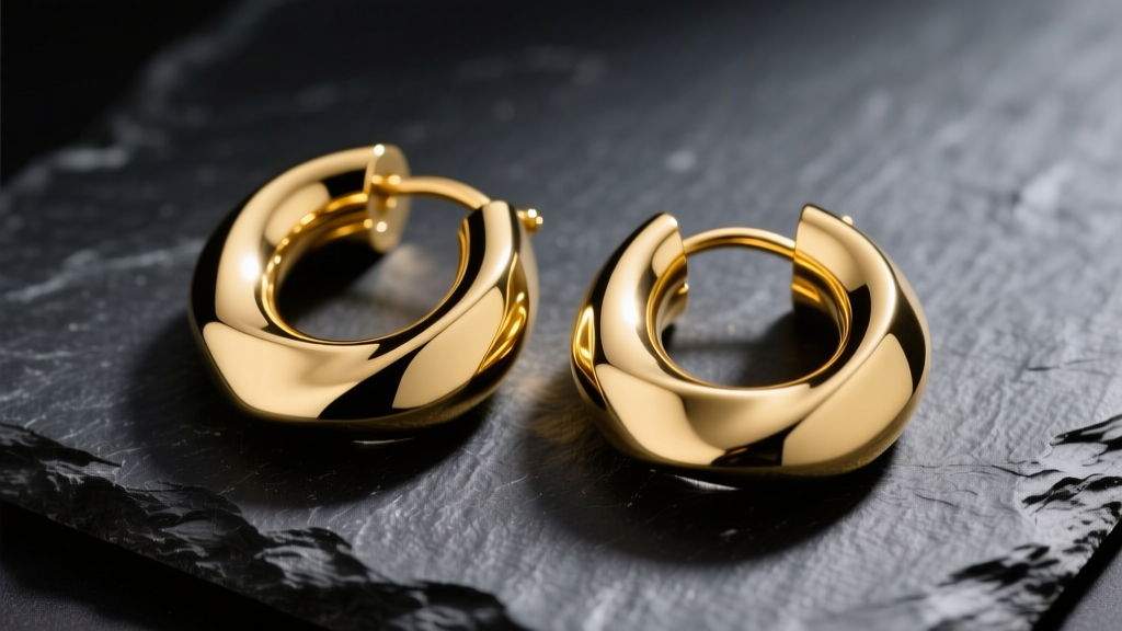 Close-up of solid 14k yellow gold chunky hoop earrings resting on dark slate, illuminated by soft directional studio lighting.