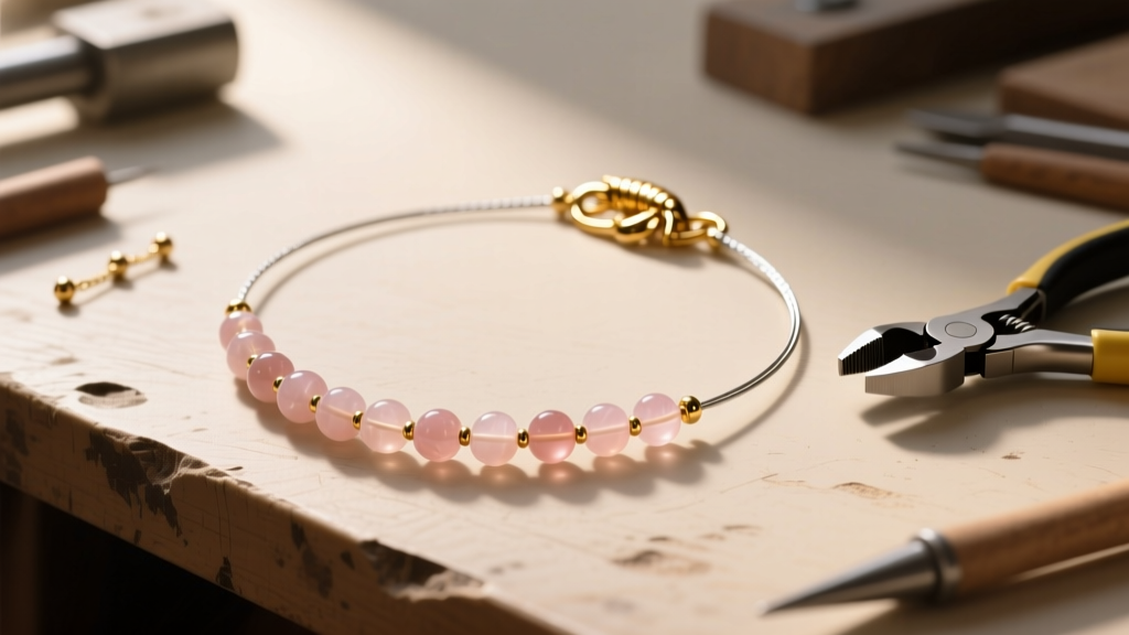 Workbench showing a rose quartz bead necklace strung on steel wire with a gold-filled lobster clasp, crimp beads, and flush cutters
