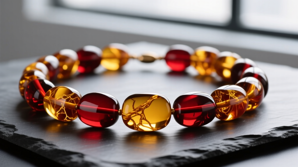 Close-up of a heavy, chunky African amber necklace with deep butterscotch and cherry-red translucent beads resting on dark slate.