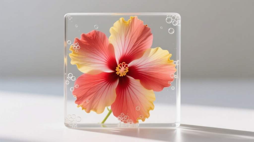 Preserved hibiscus flower in clear resin, showing slight UV yellowing and micro-bubbles near the delicate organic petal edges.