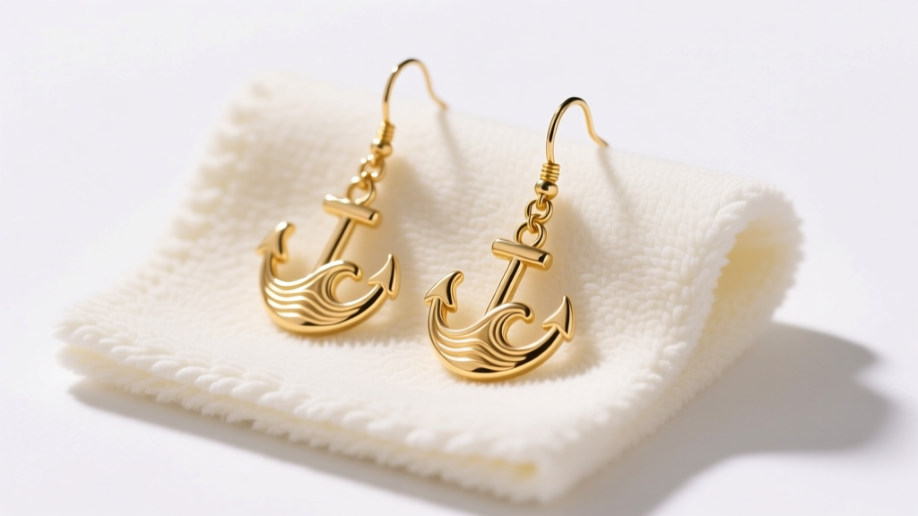 Close-up of gold-plated Spartina nautical drop earrings resting on a microfiber polishing cloth under bright studio lighting.