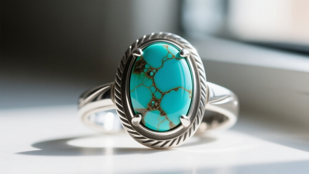 Close-up macro photography of a 14-gauge sterling silver bezel setting securing a natural, un-stabilized Kingman turquoise cabochon.