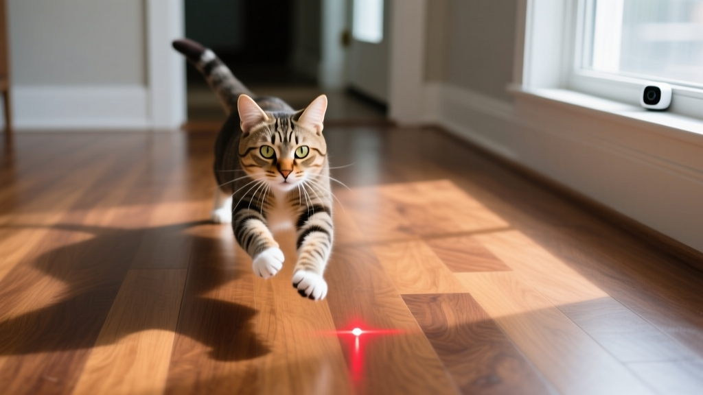 A high-angle view from a smart pet camera showing a cat playfully chasing an automated laser pointer dot across a hardwood floor.