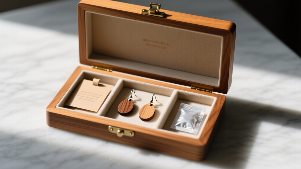 Open wooden jewelry box with silica gel packets and anti-tarnish strips, safely storing delicate paper and wood drop earrings.