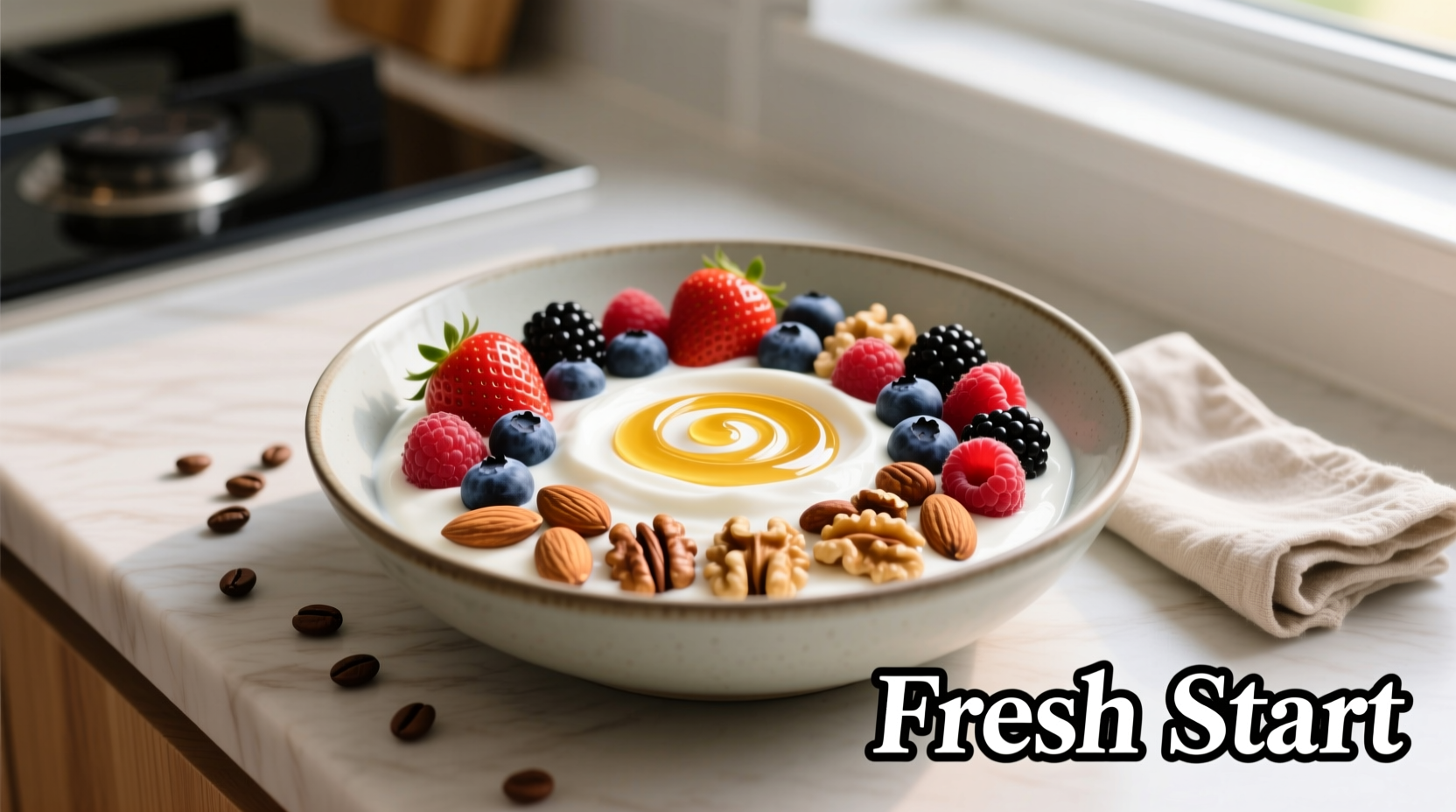 Colorful breakfast bowl with Greek yogurt, berries, and nuts