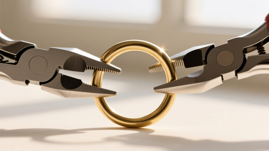 Macro shot of a 20-gauge brass jump ring opened laterally with two pairs of flat-nose pliers on a jeweler's steel bench block.
