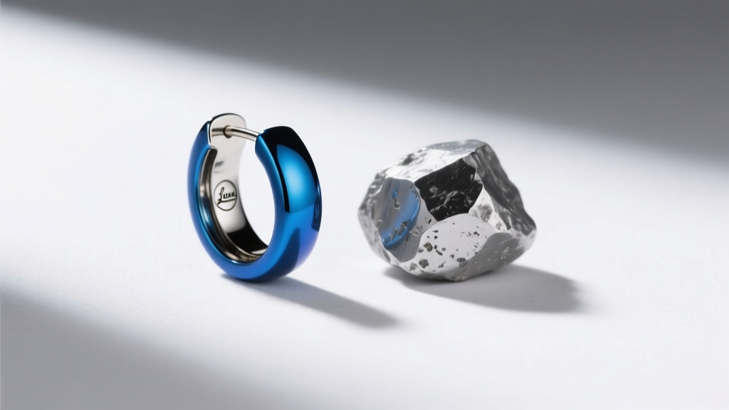Blue anodized titanium earring beside raw niobium, displaying the absence of a stamped metal tag on the silver-toned surface.