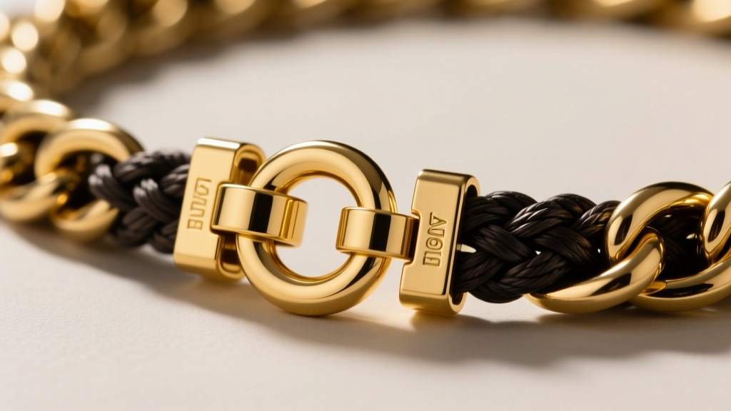 Macro photo of a heavy-duty gold box clasp with a figure-8 safety catch being attached to a thick braided king chain necklace.