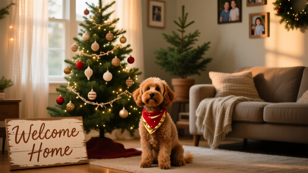 A festive living room scene with a small dog wearing a holiday bandana, sitting beside a decorated tree and a handwritten 'Welcome Home' sign