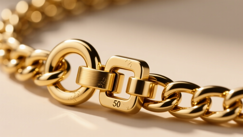 Extreme close-up of a heavy-duty gold box clasp with a figure-eight safety latch securing a thick 50-gram Figaro chain necklace