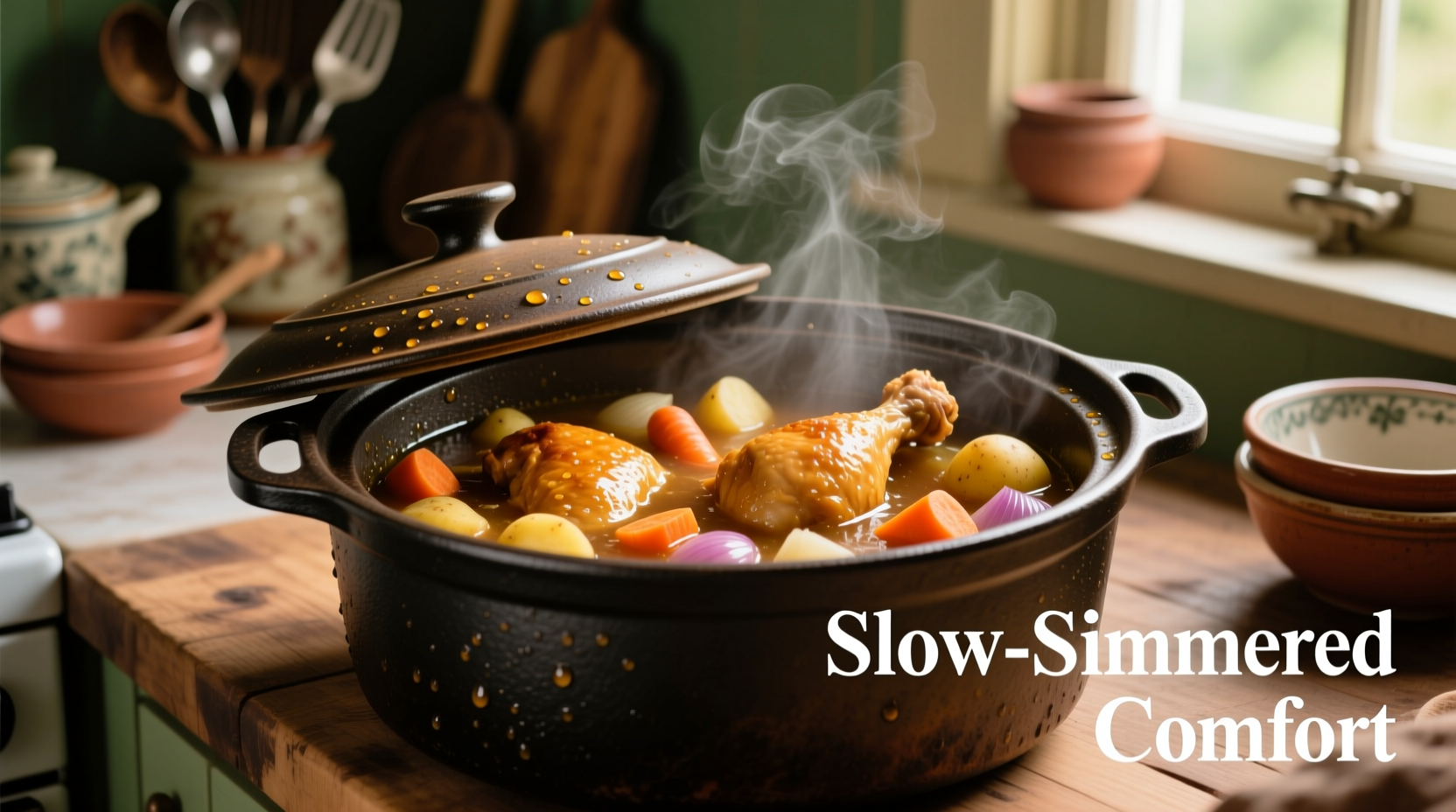 Chicken cooking in crockpot with vegetables