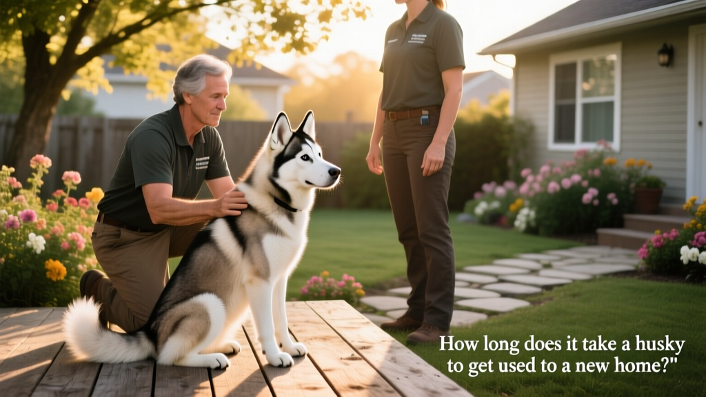A trainer and owner gently guiding a husky through a simple ‘settle’ exercise in a backyard