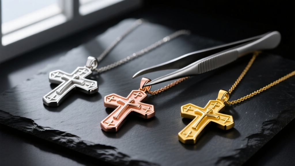 Flat lay of three cross pendants in sterling silver, rose gold, and yellow gold on dark slate, styled with jewelry tweezers.
