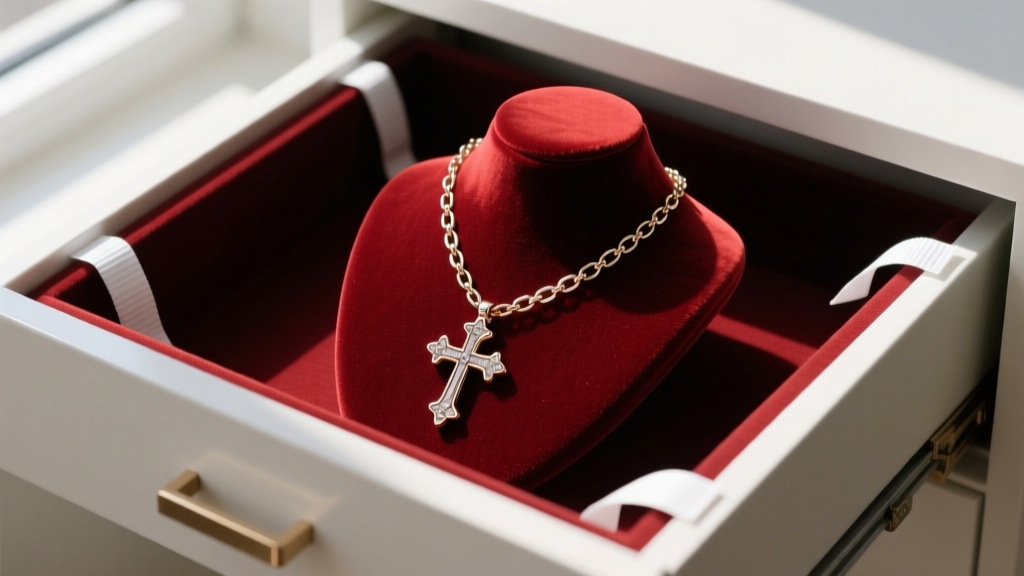 Organized jewelry drawer showing a necklace cross chain hung on a velvet bust with anti-tarnish strips placed in the corners