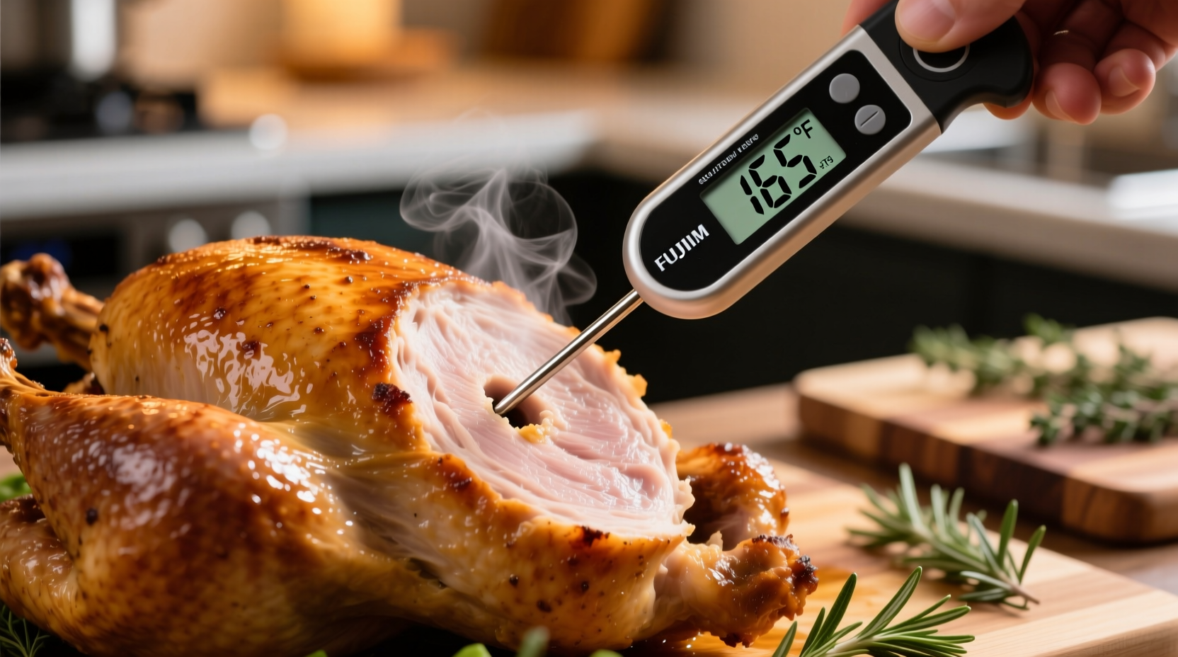 Checking turkey internal temperature with digital thermometer