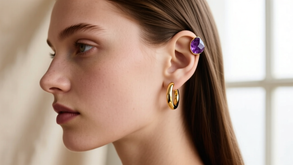 Side profile of a model showcasing a curated ear with Beau Jewels gold huggies in the lobe and a raw amethyst stud in the helix