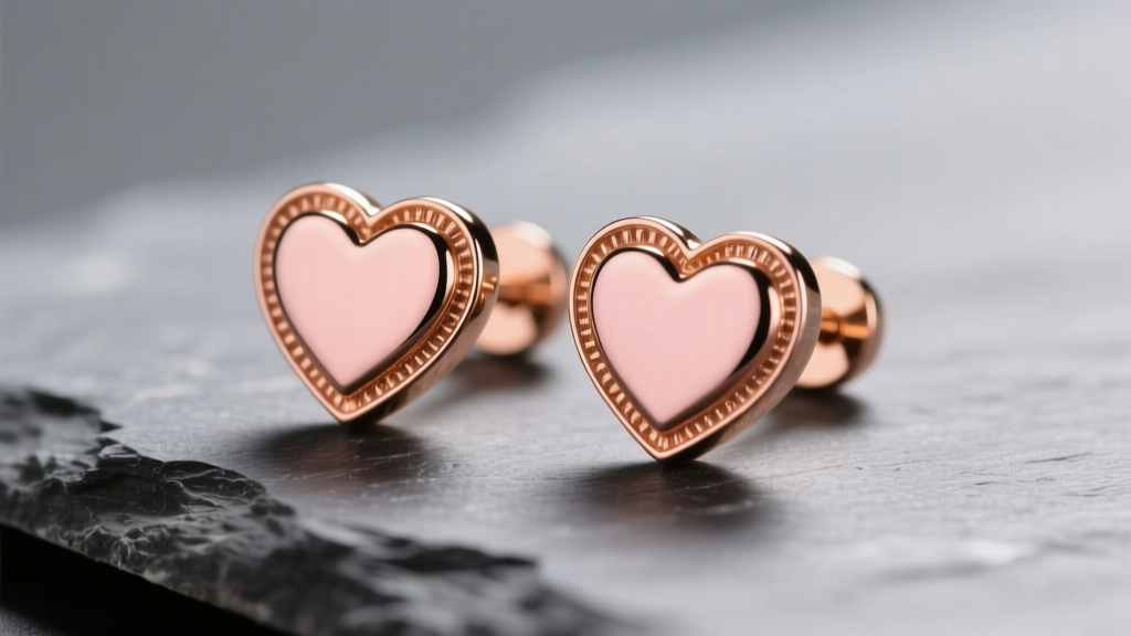 Macro of 14k rose gold heart studs on slate showing warm copper-pink luster and polished edges under soft studio lighting
