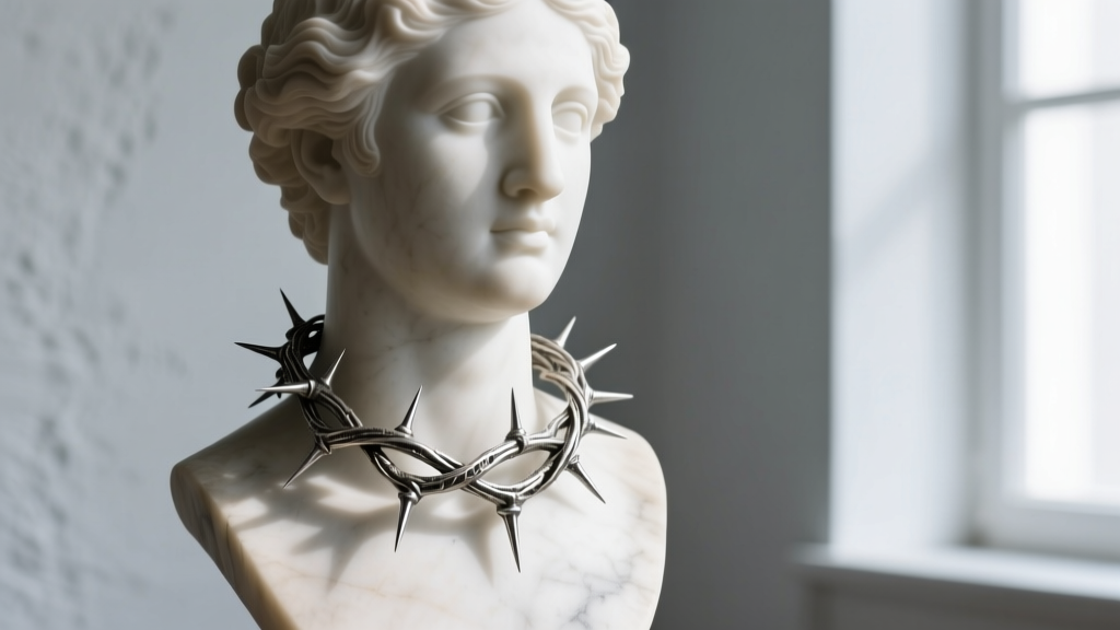 Oxidized silver thorn choker on a bust, side lighting highlighting sharp metallic points and textured branch surface details