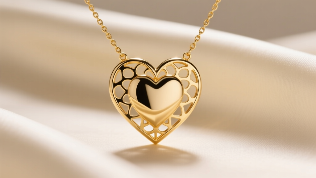 14k gold clover heart necklace on cream silk, showing cutout details and a high-polish finish under warm studio lighting.