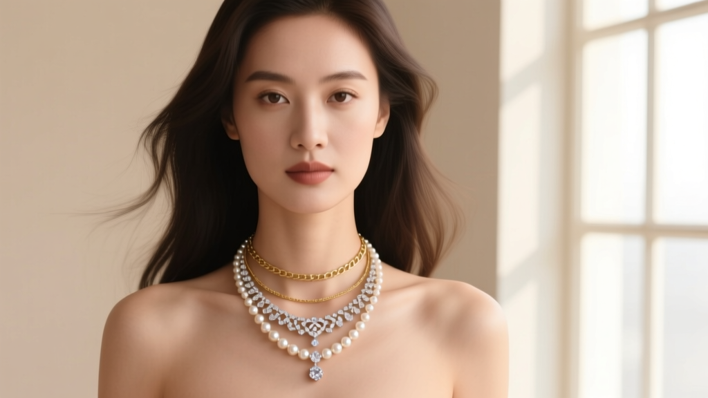 Woman wearing layered jewelry, featuring a diamond rosary necklace, gold chain, and pearl choker against a soft neutral background.