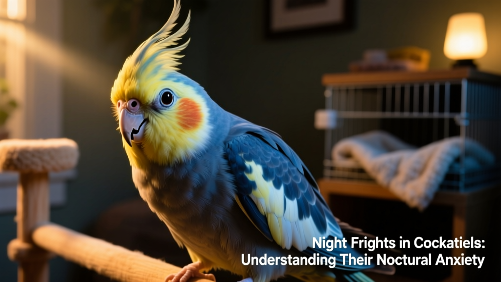 Close-up of a cockatiel’s wide, alert eyes and fluffed feathers during mild stress