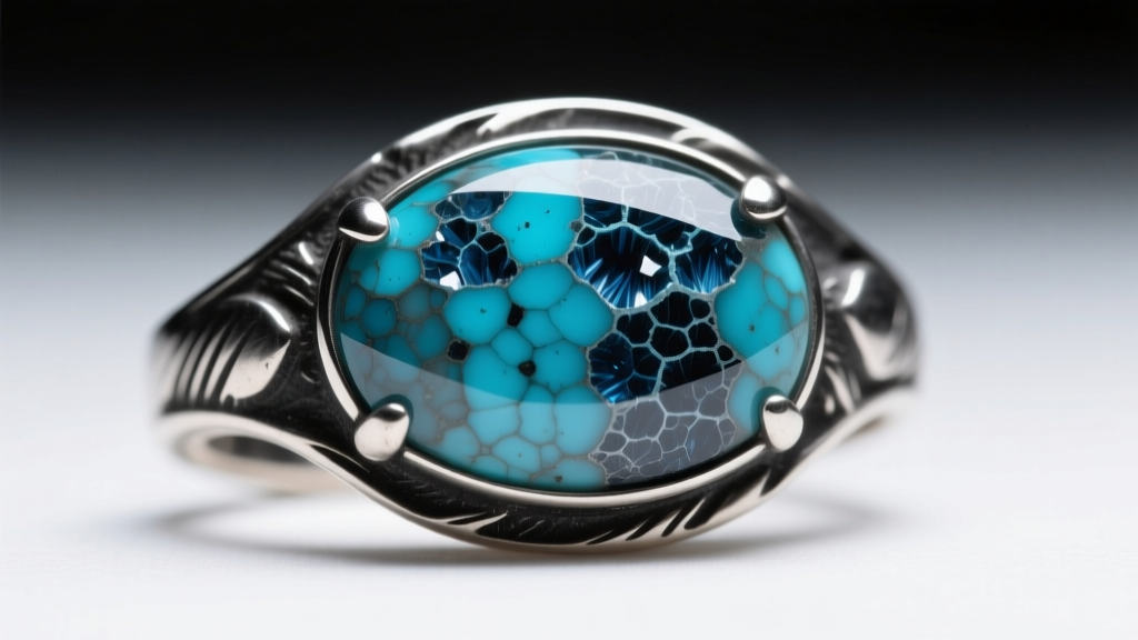 Close-up macro shot of a porous turquoise cabochon set in oxidized sterling silver, highlighting the delicate matrix and dark hue