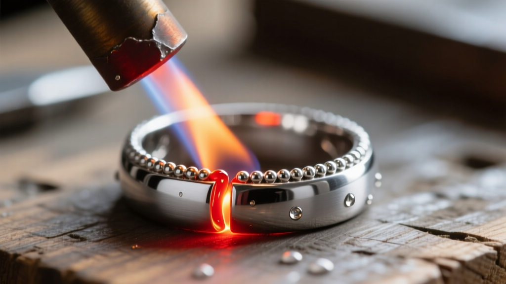 Macro shot of a torch heating a silver ring seam, revealing a glowing red joint and a small chip of hard silver solder melting.